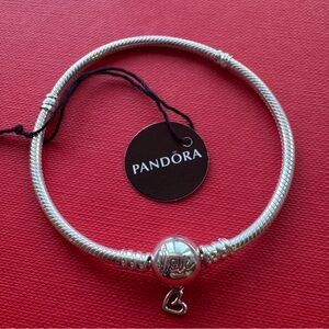 Pandora Bracelet Sterling Silver with Love Clasp and Dangle Heart Accent NEW